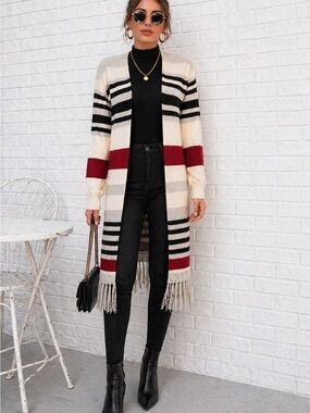 NEW SHEIN Long Striped Colorful Fringe Cardigan Size S Open Front Knit